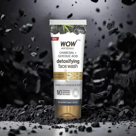 Wow Skin Science Charcoal + Glycolic Acid Detoxifying Face Wash for Oil Control + Gentle Exfoliation with Tea Tree & Aloe | Grocsy