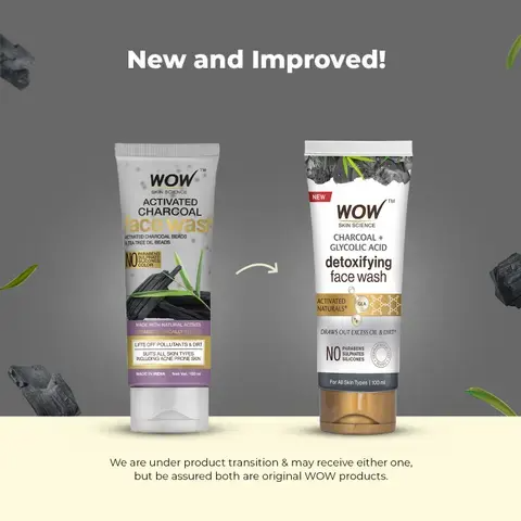 Wow Skin Science Charcoal + Glycolic Acid Detoxifying Face Wash for Oil Control + Gentle Exfoliation with Tea Tree & Aloe | Grocsy