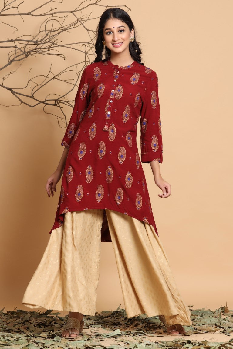 Juniper Maroon Viscose Rayon Kurta | Grocsy
