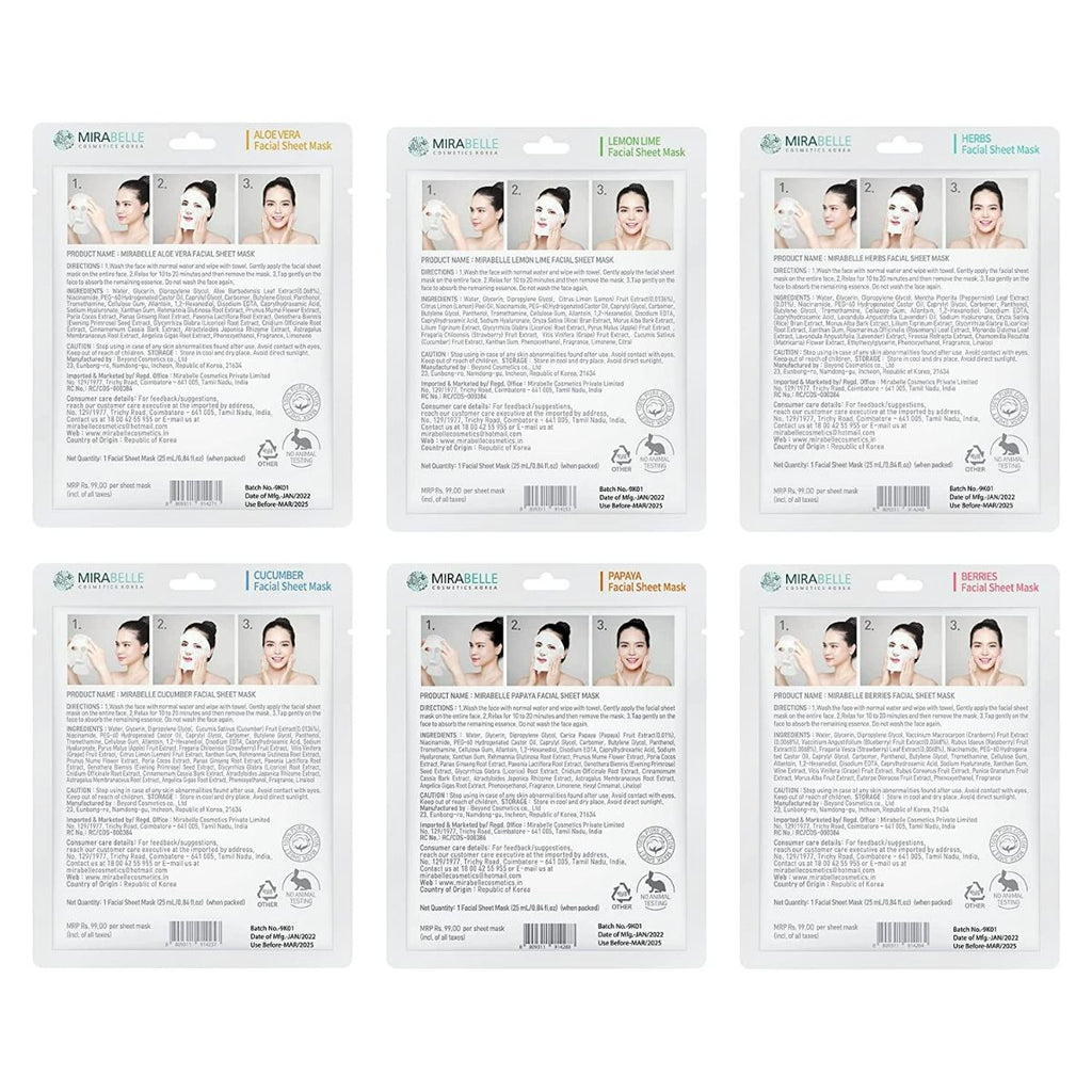 Mirabelle Korea Fairness Facial Sheet Mask Combo | Grocsy