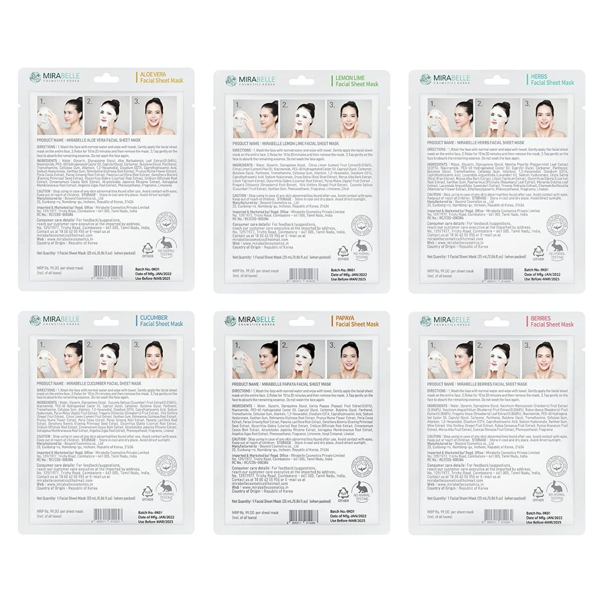Mirabelle Korea Fairness Facial Sheet Mask Combo | Grocsy