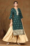 Juniper Jadegreen Rayon Moss Gold Foil Print Straight Kurta with Yoke Detailing | Grocsy