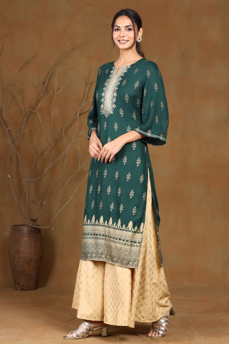 Juniper Jadegreen Rayon Moss Gold Foil Print Straight Kurta with Yoke Detailing | Grocsy