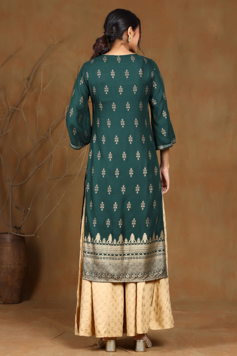 Juniper Jadegreen Rayon Moss Gold Foil Print Straight Kurta with Yoke Detailing | Grocsy