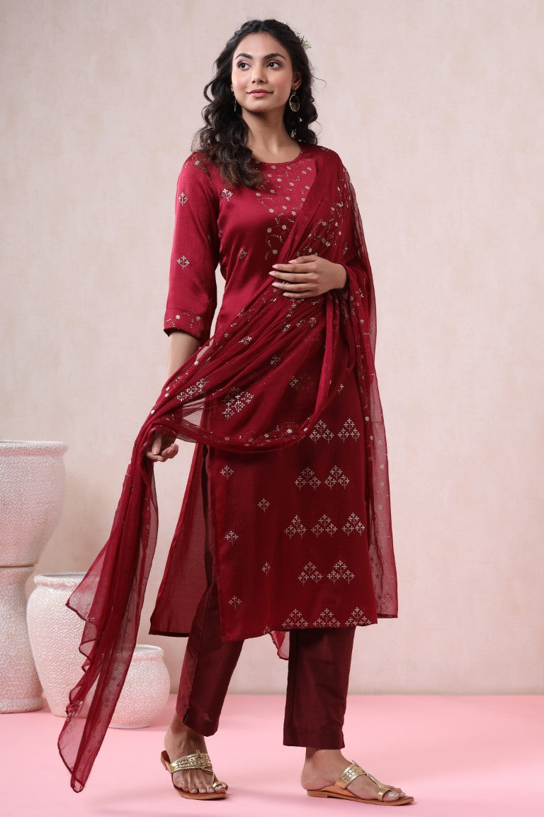 Juniper Women's Maroon Pure Silk Embellished Kurta Set | Grocsy