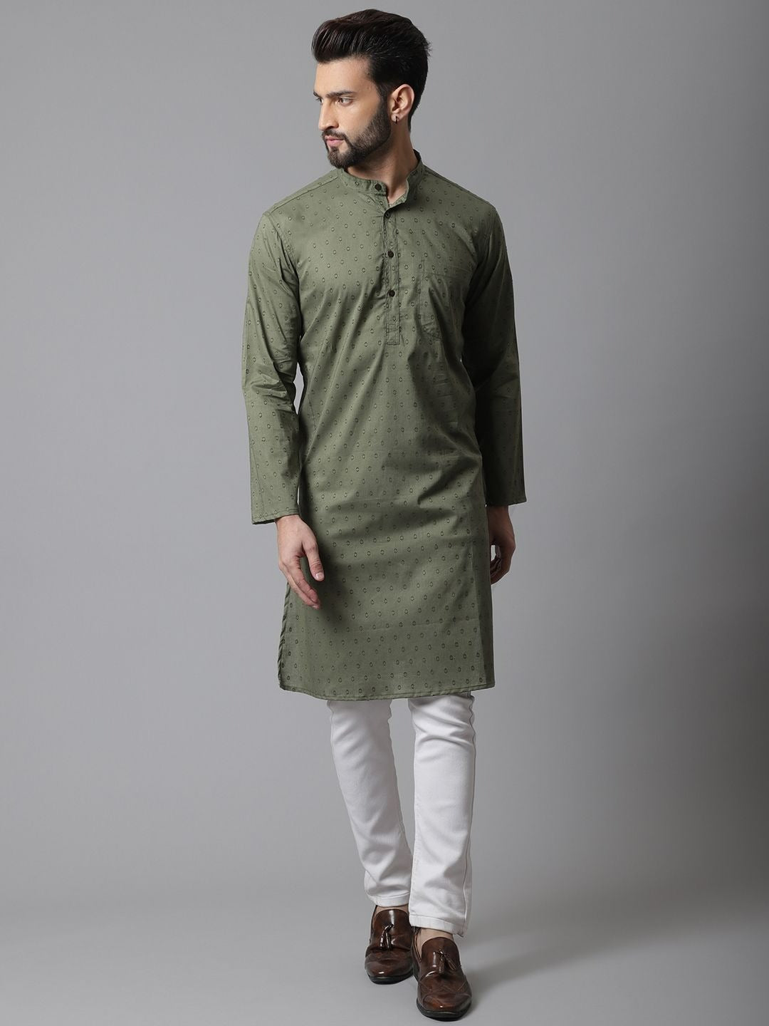 Even Apparels Green Pure Cotton Kurta With Band Collar | Grocsy
