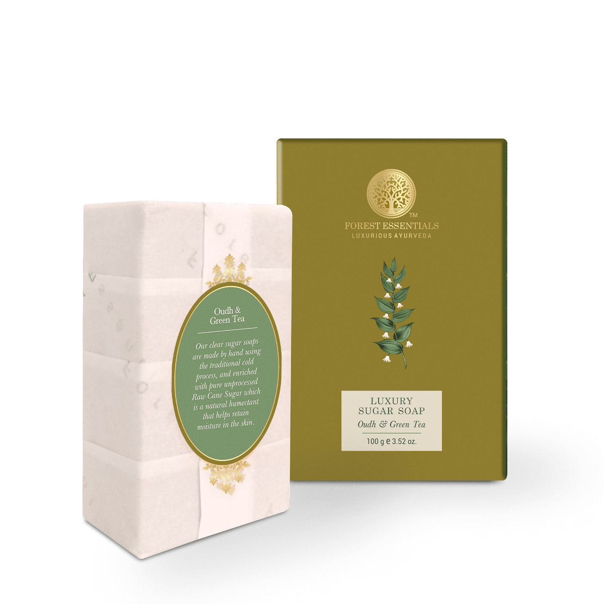 Forest Essentials Luxury Sugar Soap Oudh & Green Tea | Grocsy