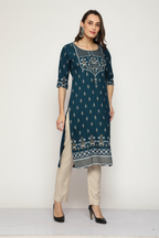 Maai Rayon Hand Printed Kurta Navy | Grocsy
