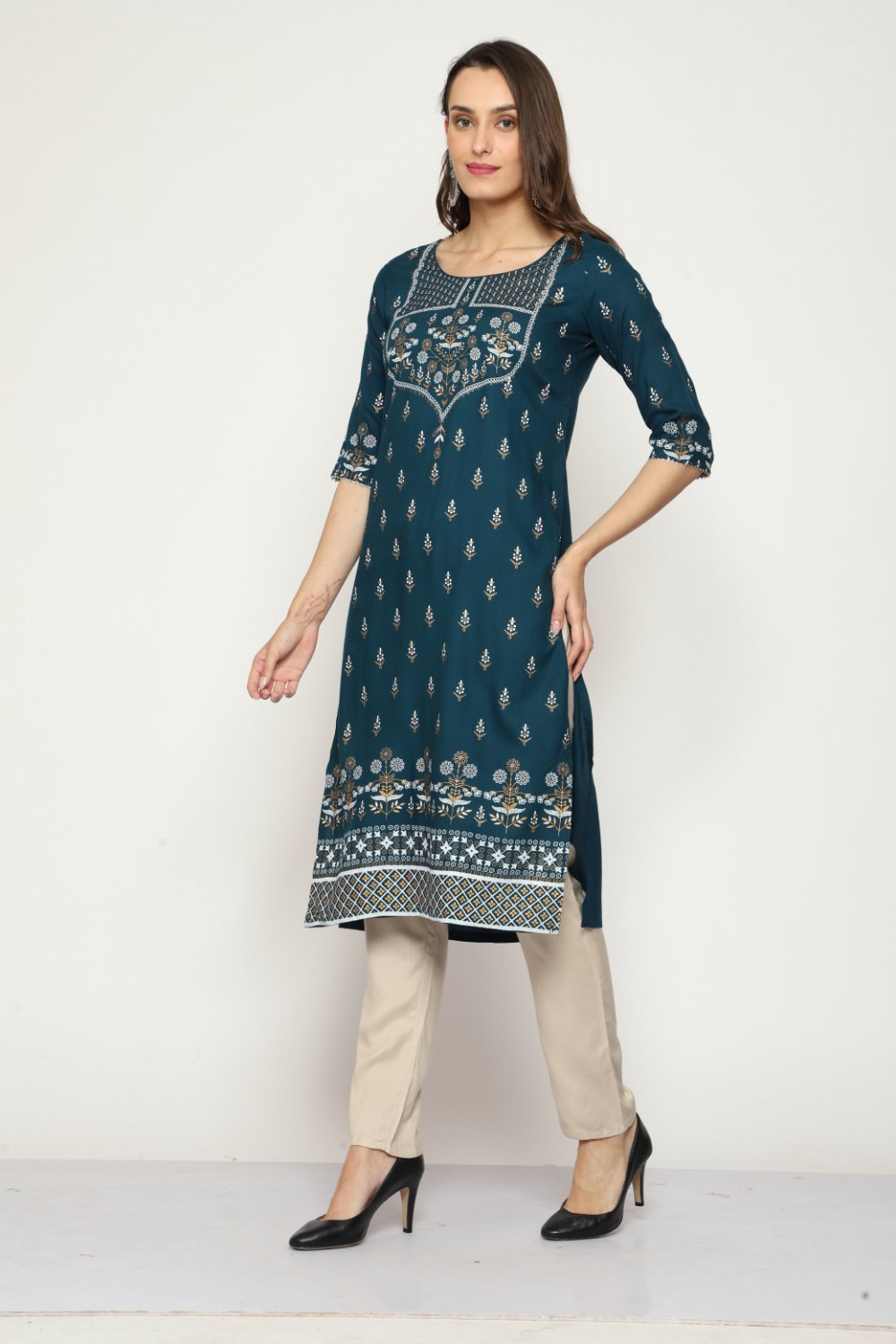 Maai Rayon Hand Printed Kurta Navy | Grocsy