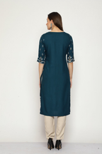 Maai Rayon Hand Printed Kurta Navy | Grocsy