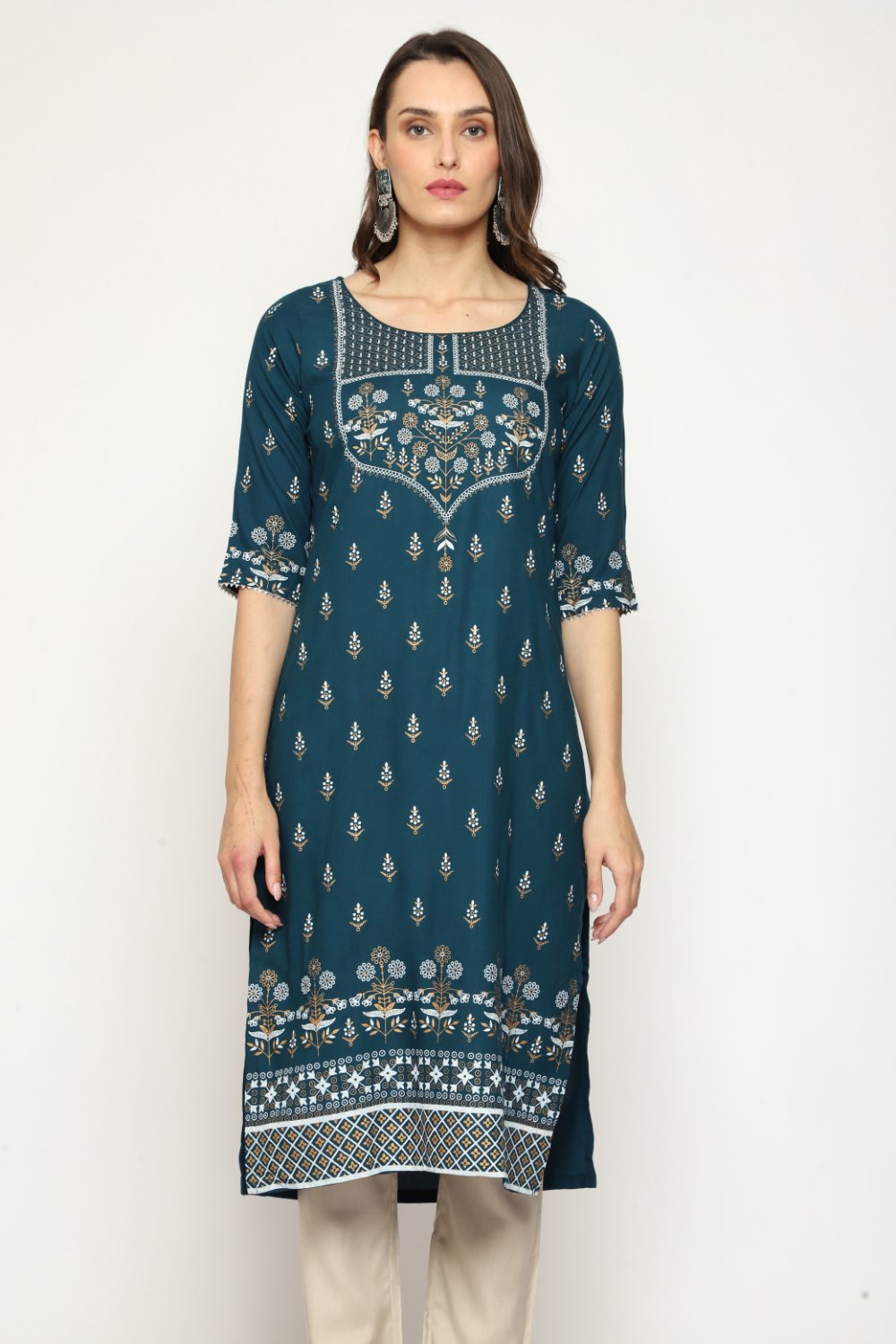 Maai Rayon Hand Printed Kurta Navy | Grocsy