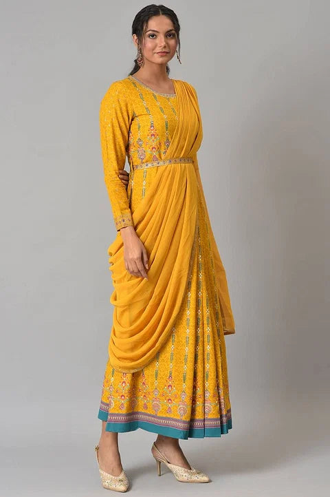 W for Woman Yellow Glitter Printed Festive Pre-drape Saree Dress with Belt | Grocsy