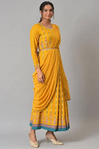 W for Woman Yellow Glitter Printed Festive Pre-drape Saree Dress with Belt | Grocsy
