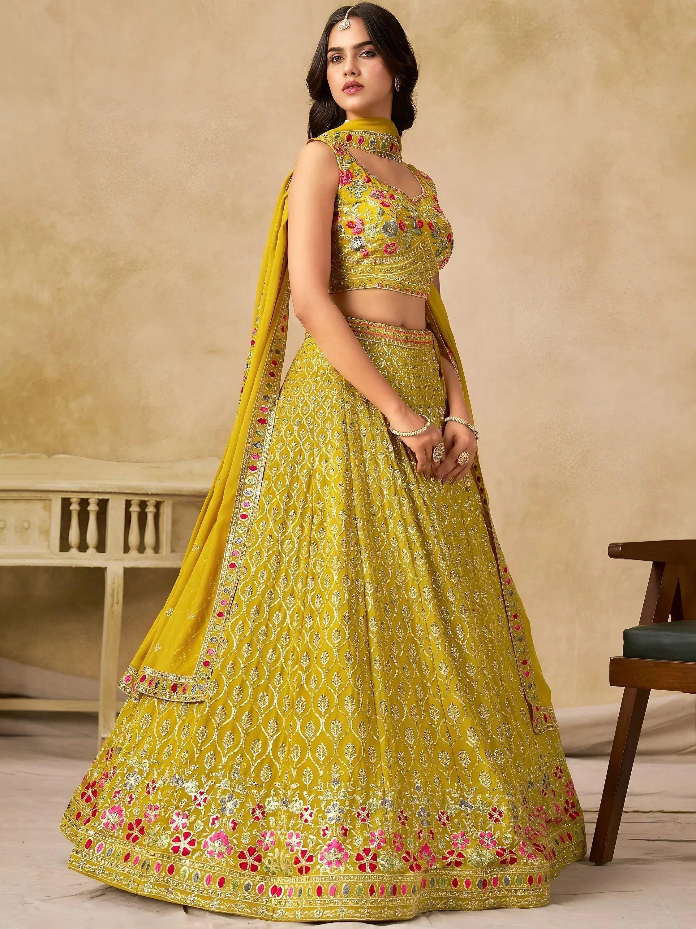 Tulsi Art Classic Yellow Zari Embroidered Georgette Haldi Wear Lehenga Choli | Grocsy