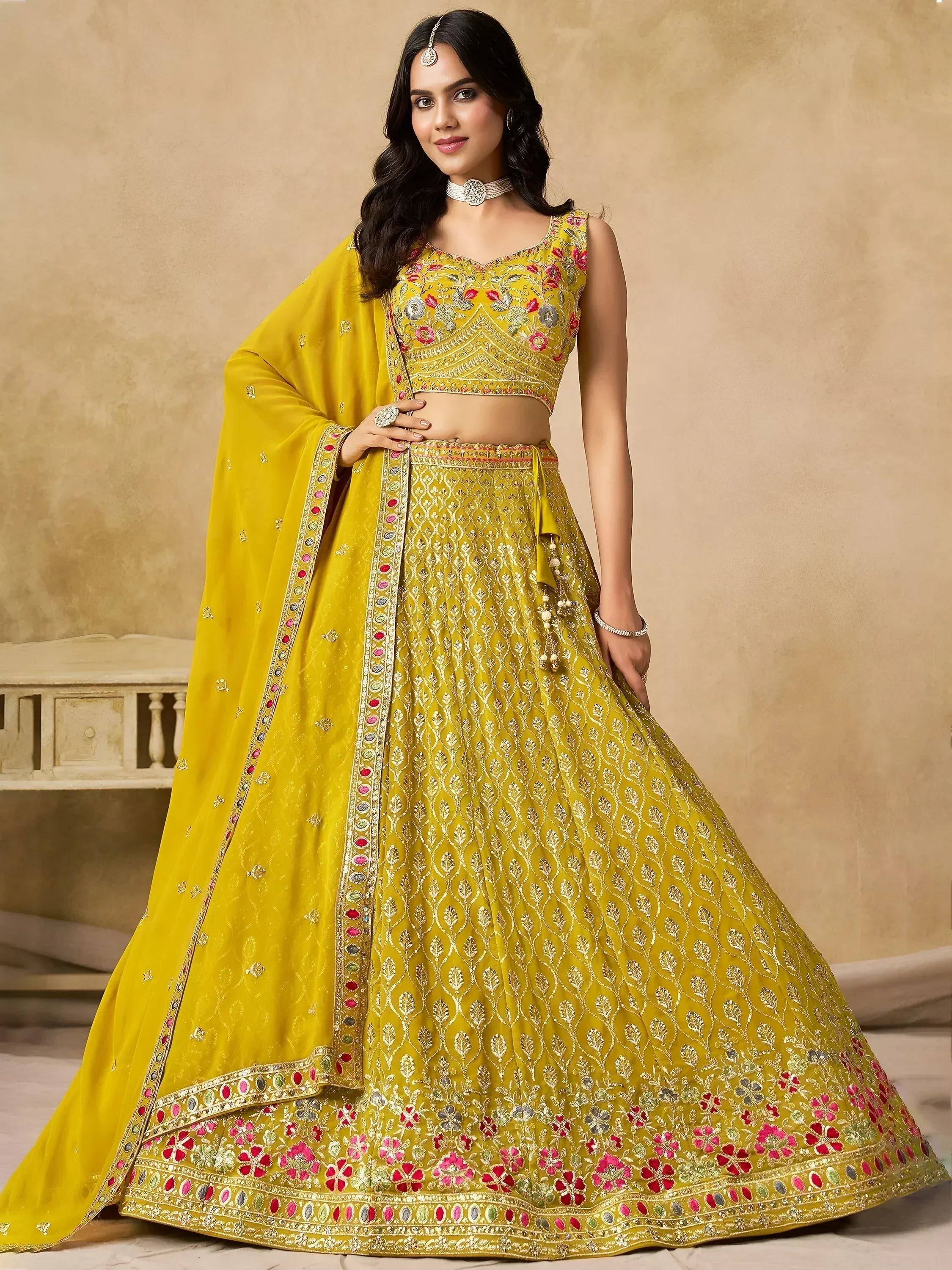Tulsi Art Classic Yellow Zari Embroidered Georgette Haldi Wear Lehenga Choli | Grocsy