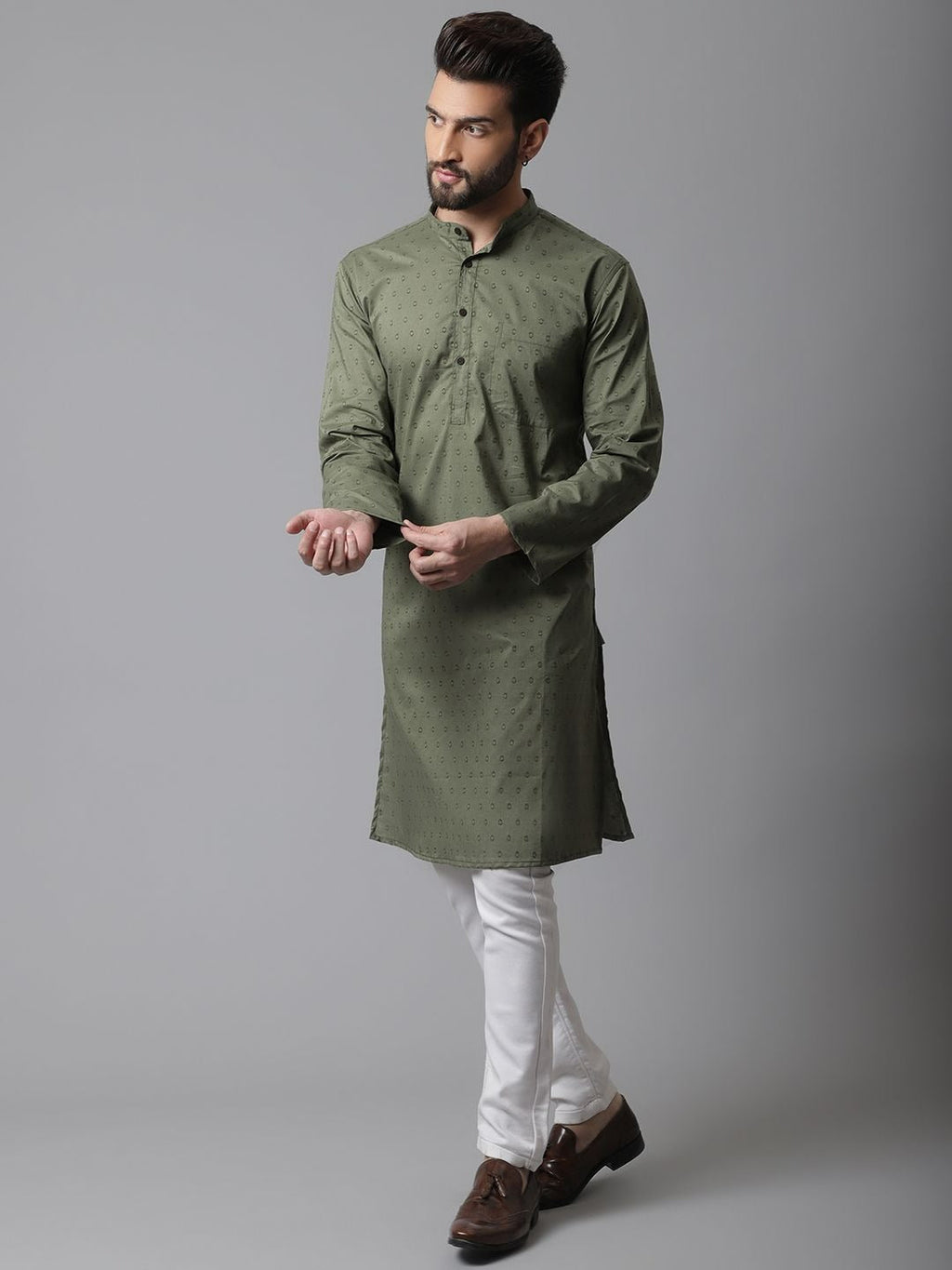 Even Apparels Green Pure Cotton Kurta With Band Collar | Grocsy