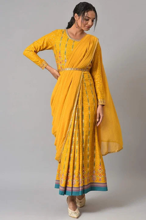 W for Woman Yellow Glitter Printed Festive Pre-drape Saree Dress with Belt | Grocsy