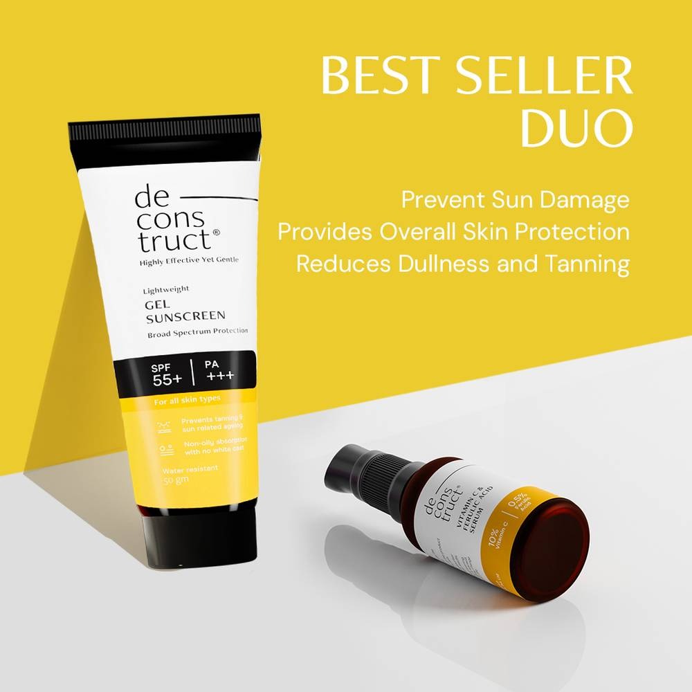 Deconstruct Sun Protect Duo 10% Vitamin C Face Serum + Gel Sunscreen, Get Glowing Skin with Sun Protection, No White Cast, Non Irritating & Lightweight | Grocsy