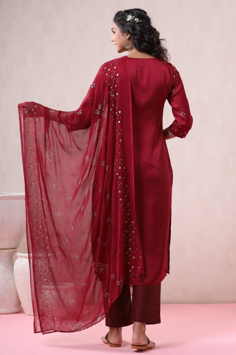 Juniper Women's Maroon Pure Silk Embellished Kurta Set | Grocsy
