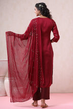 Juniper Women's Maroon Pure Silk Embellished Kurta Set | Grocsy