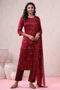 Juniper Women's Maroon Pure Silk Embellished Kurta Set | Grocsy