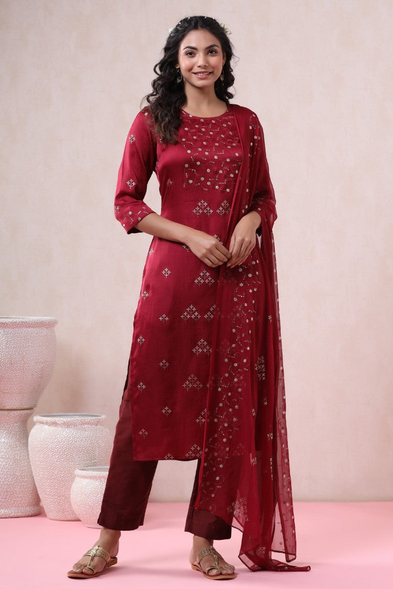 Juniper Women's Maroon Pure Silk Embellished Kurta Set | Grocsy