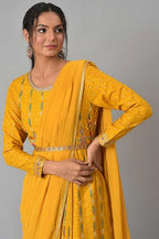 W for Woman Yellow Glitter Printed Festive Pre-drape Saree Dress with Belt | Grocsy