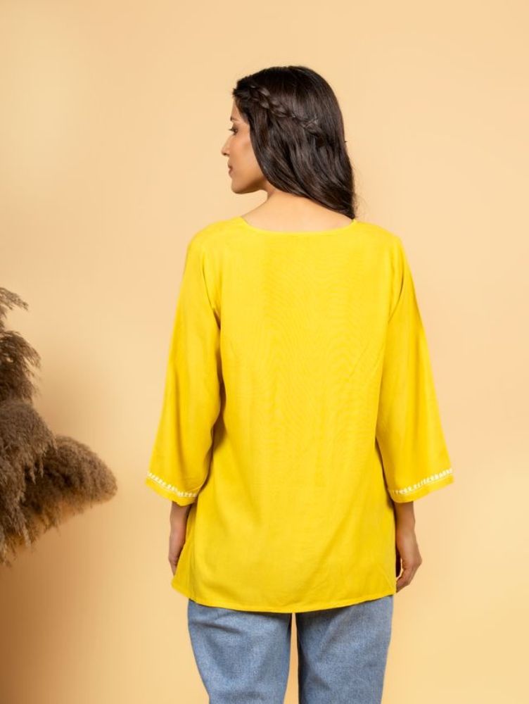 Gharana India Luxury Rayon Yellow Chikankari Top | Grocsy