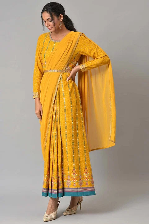 W for Woman Yellow Glitter Printed Festive Pre-drape Saree Dress with Belt | Grocsy