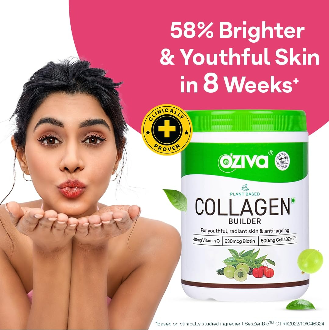OZiva Vegan Collagen Builder with Biotin & Vitamin C For Brighter & Youthful Skin | Collagen Supplement For Women & Men | Plant Based Collagen Powder | Grocsy