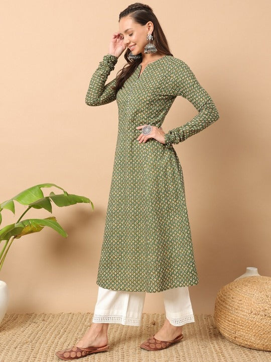FIORRA Women's Floral Printed Green Cotton A-Line Kurta | Grocsy