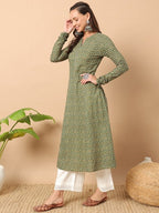 FIORRA Women's Floral Printed Green Cotton A-Line Kurta | Grocsy