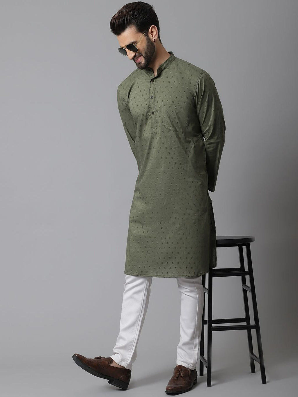 Even Apparels Green Pure Cotton Kurta With Band Collar | Grocsy