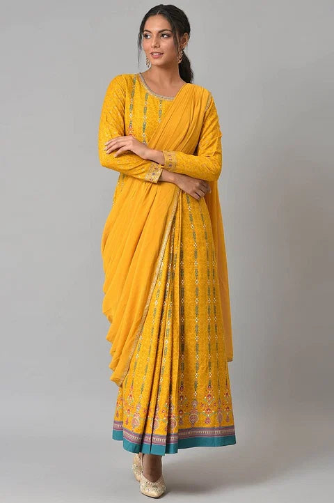 W for Woman Yellow Glitter Printed Festive Pre-drape Saree Dress with Belt | Grocsy