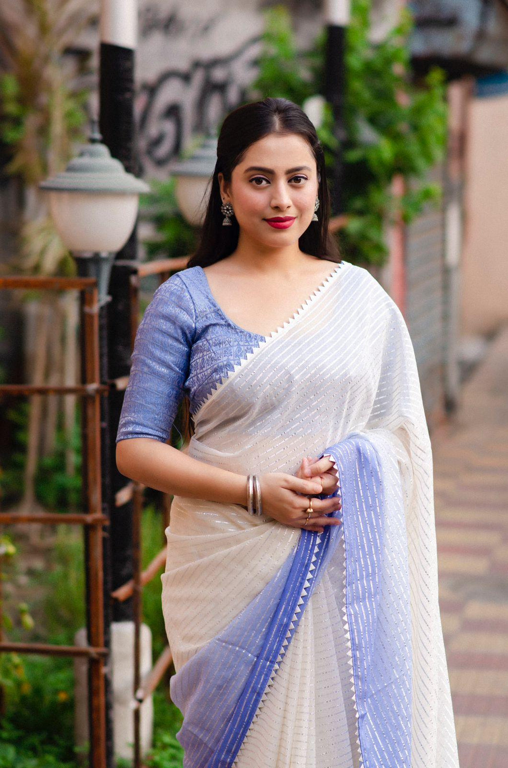 Lavender Poly Chiffon Striped Saree with Unstitched Blouse - A2M | Grocsy