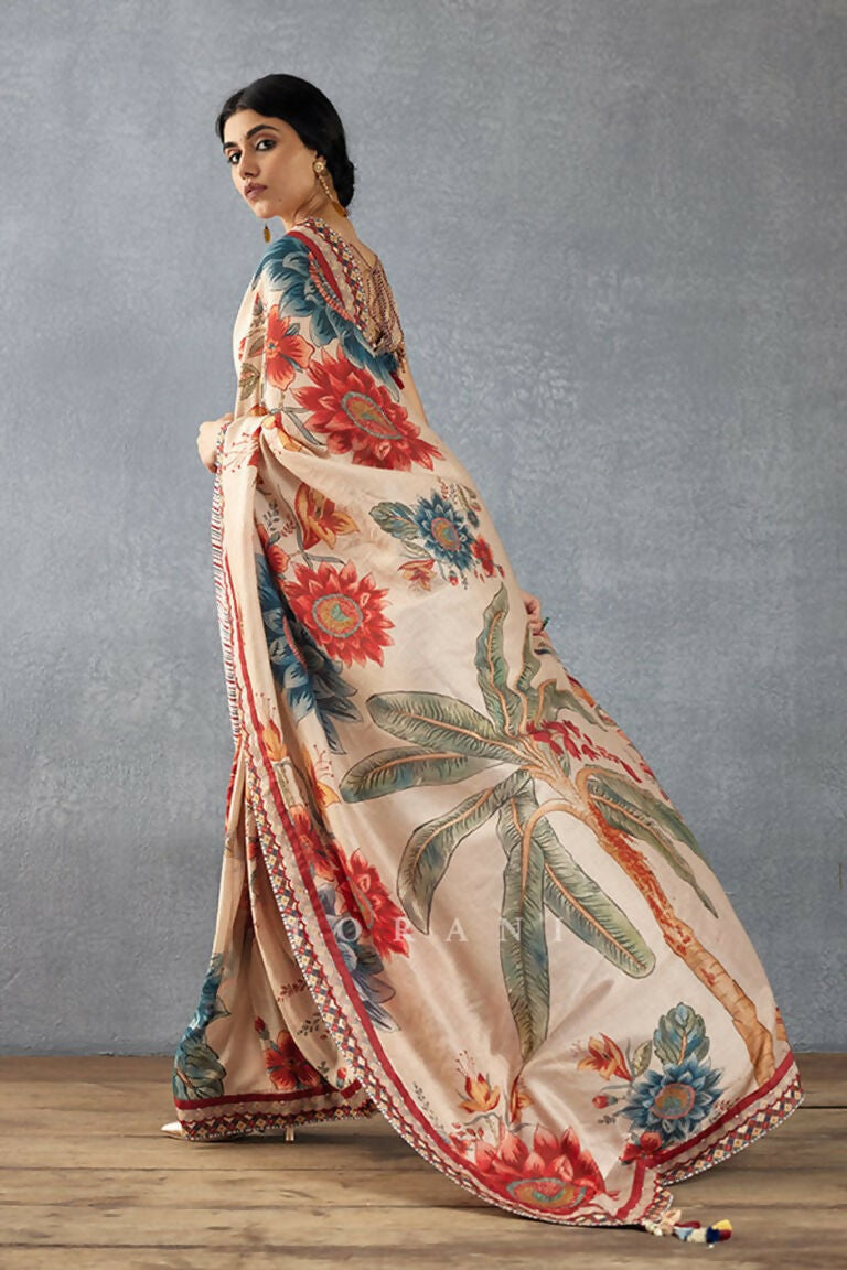 Partywear Designer Cream Bright Moss Fancy Saree - Durga | Grocsy