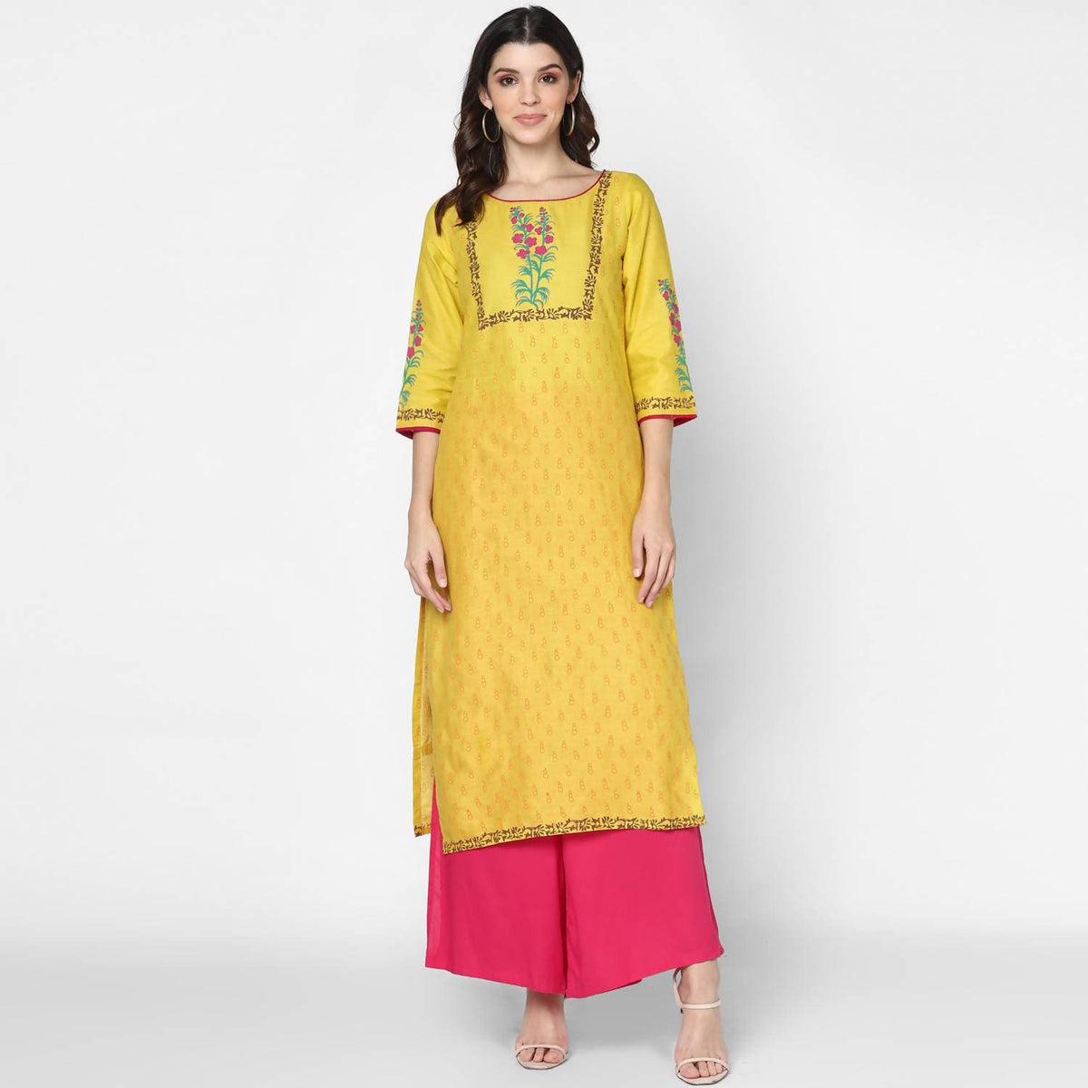 Cheera Hand Block Print Yellow Straight Kurta (MAAI-058K) | Grocsy