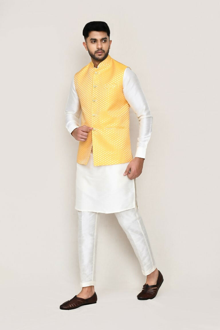 Joban Fashion White Colored Art Silk Fabric Kurta, Jacket With Straight Fit Pant | Grocsy