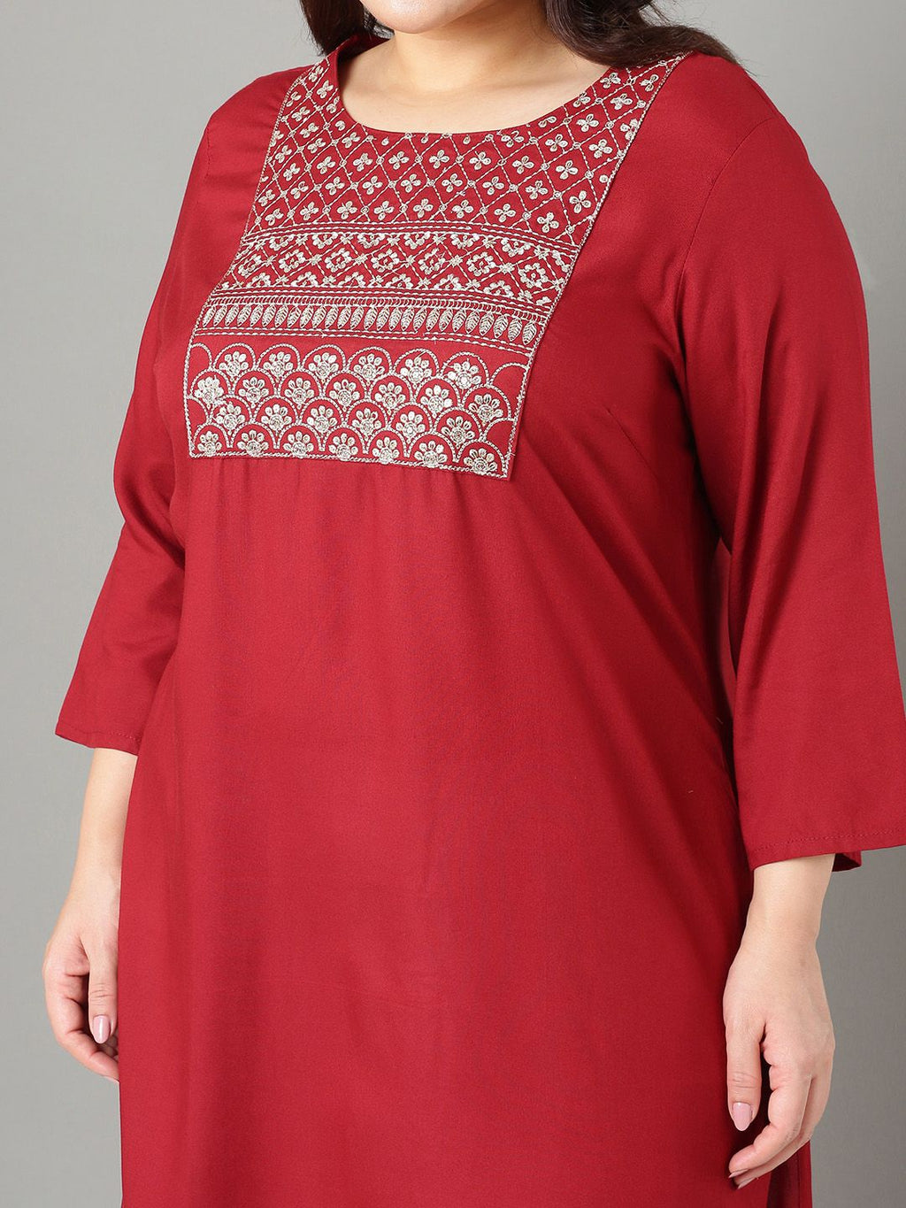 Sztori Plus Size Floral Yoke Design Thread Work Straight Kurta | Grocsy
