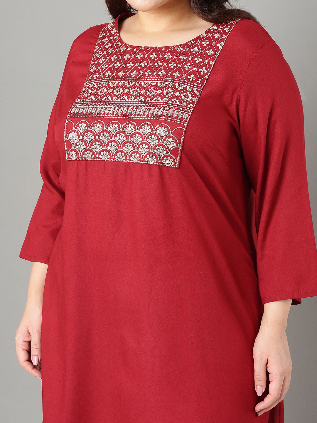 Sztori Plus Size Floral Yoke Design Thread Work Straight Kurta | Grocsy