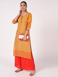 Cheera Hand Block Print straight Kurta with Palazzo In Mustard & Scarlet Red | Grocsy