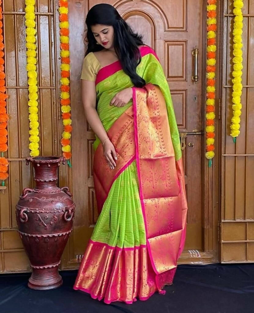 DEIANA'S Beautiful Designer Golden zari Soft Lichi Silk Saree - Parrot | Grocsy