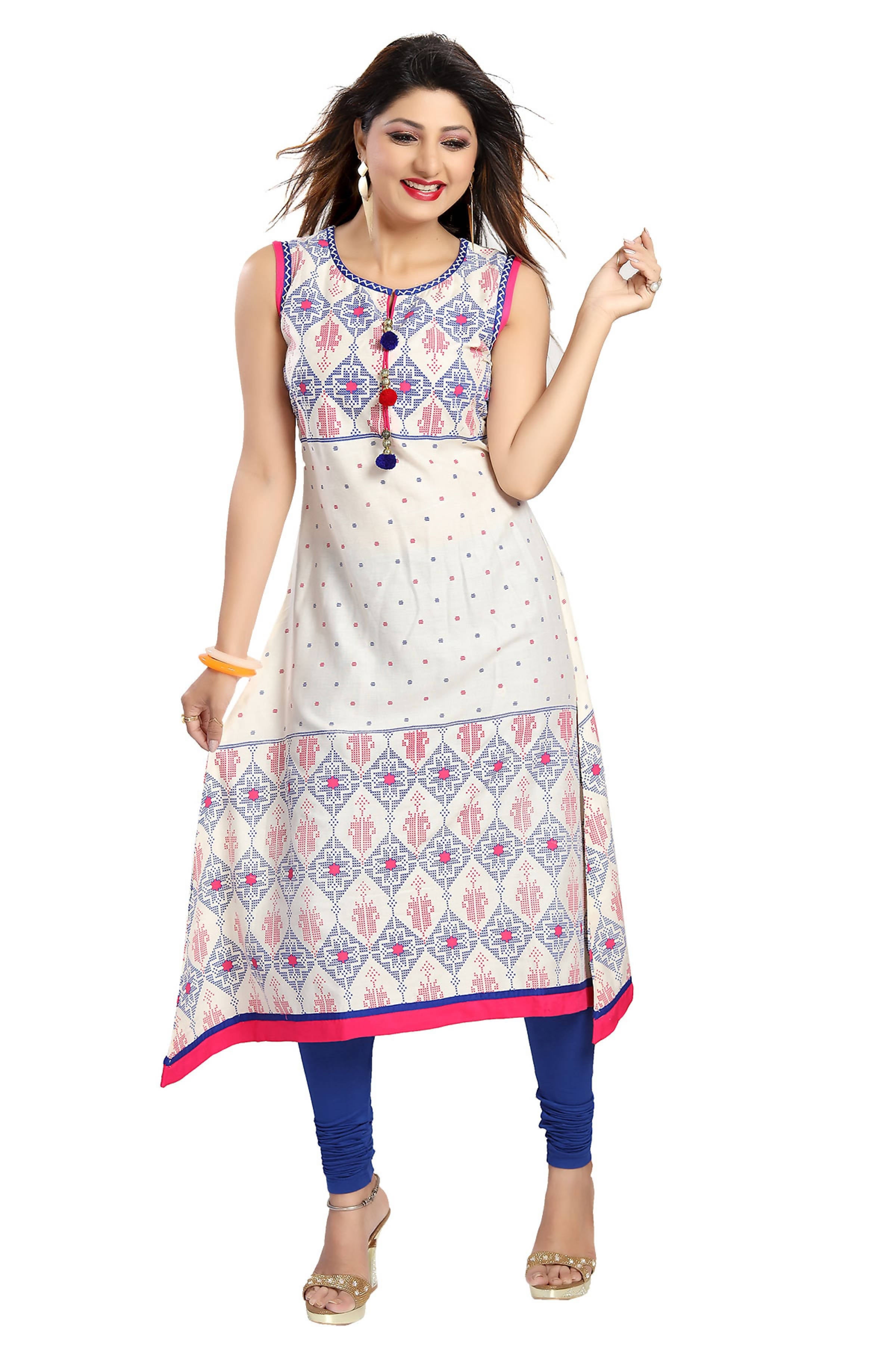 Snehal Creations Print Precious White A-Line Designer Cotton Tunic | Grocsy