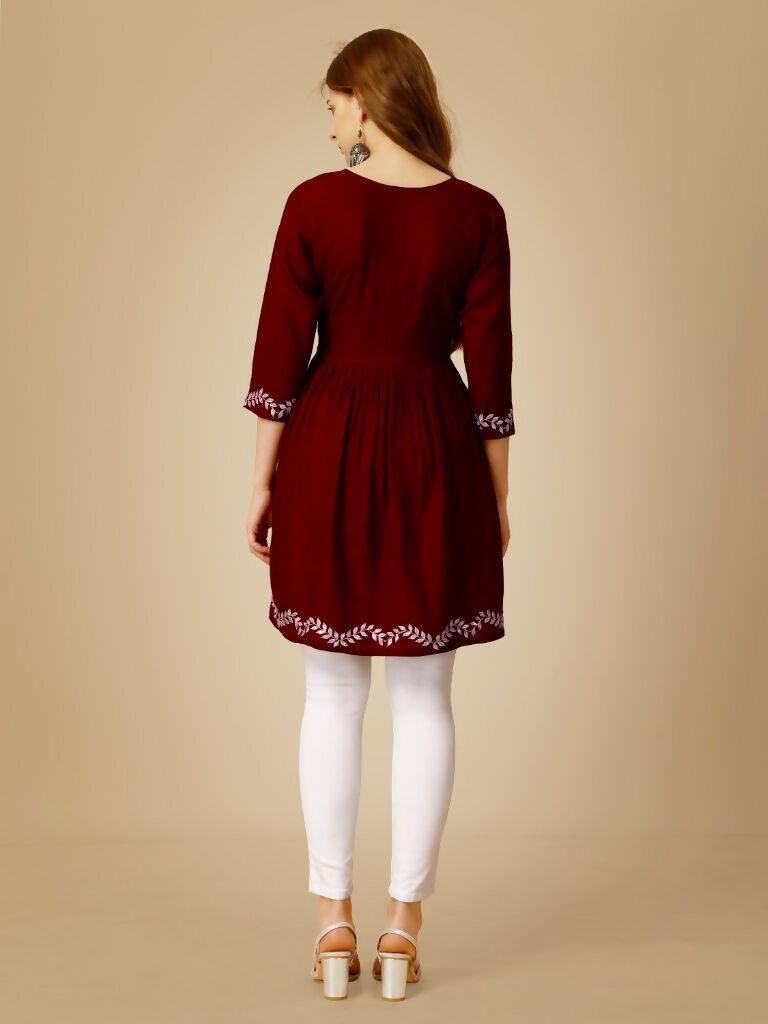 Jyoti Fashion Women's Maroon Viscose Rayon Embroidered Casual Top | Grocsy