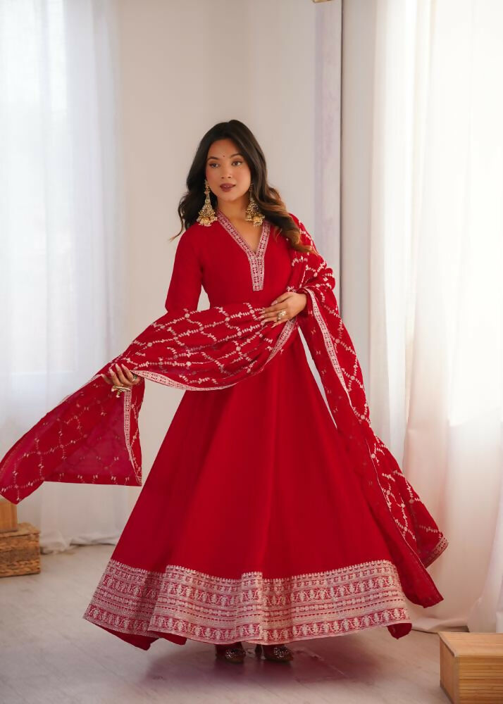 Lehenga Mart Designer Anarkali Suit With Kurta, Dupatta For Women-Red | Grocsy