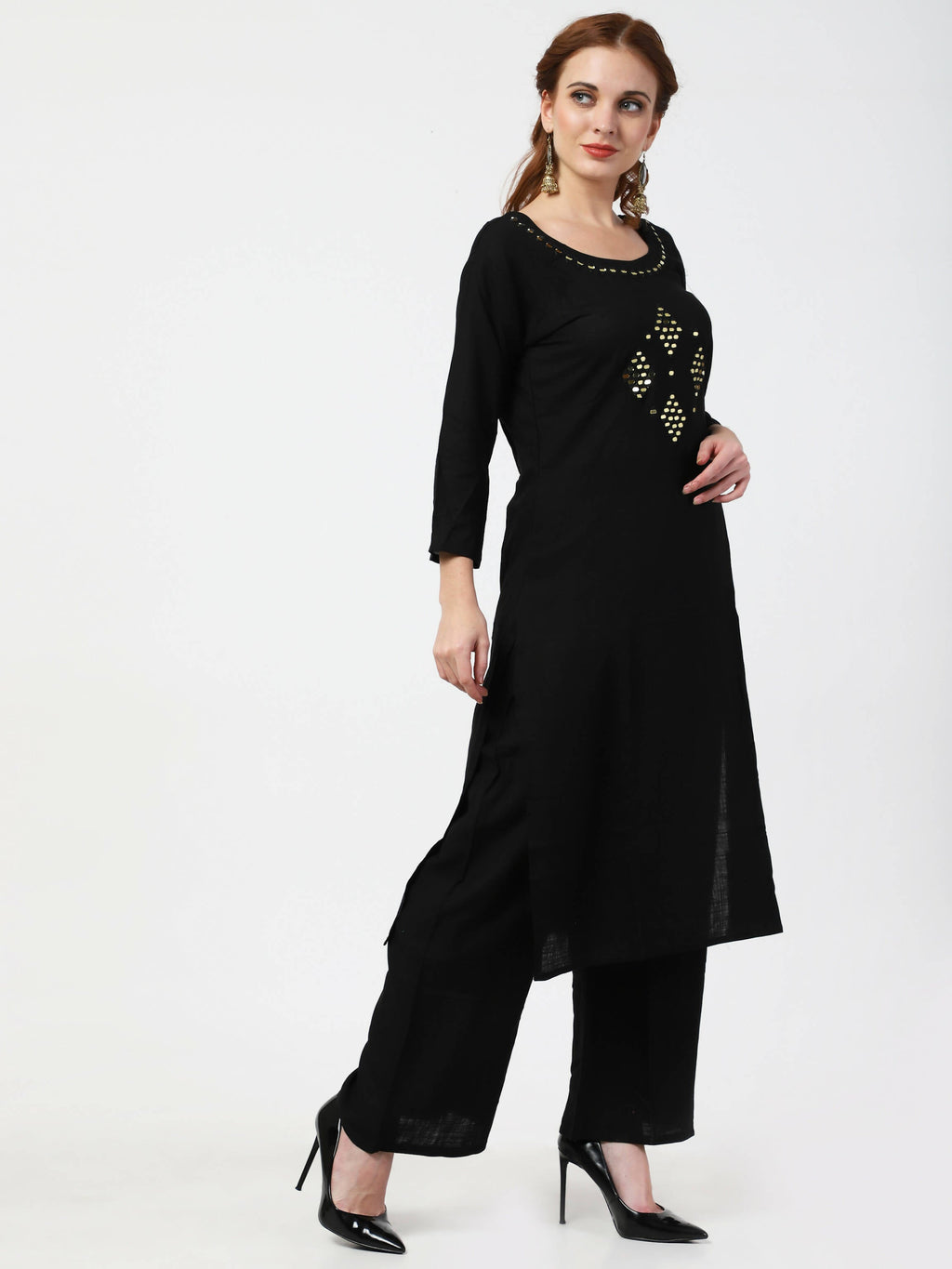 Cheera Women's Black Rayon Slub Kurta Palazzo Organza Silk Dupatta Set | Grocsy