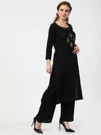 Cheera Women's Black Rayon Slub Kurta Palazzo Organza Silk Dupatta Set | Grocsy
