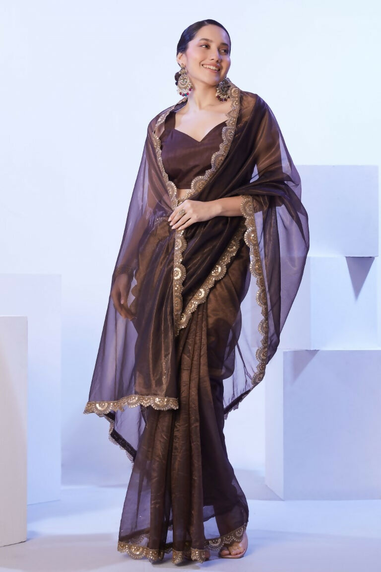 Brown C/H Net Solid Designer & Lace Work Saree - Samaa | Grocsy
