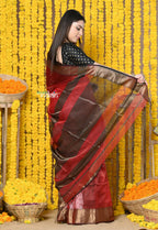 Very Much Indian Rajsi - Handloom Ari Checks Cotton Silk Saree With Golden Border - Maroon | Grocsy