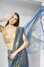 Blue Gold Tissue Net Solid & Gold Cotted Saree - Samaa | Grocsy